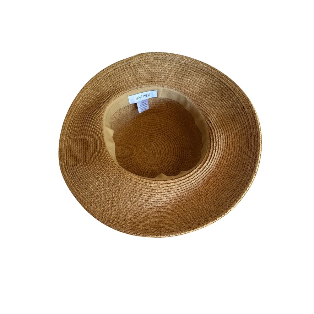 Nine West Sun Hat Tan Paper Straw Wide Brim Black Ribbon Bow Floppy Cloche O/S - Picture 4 of 5